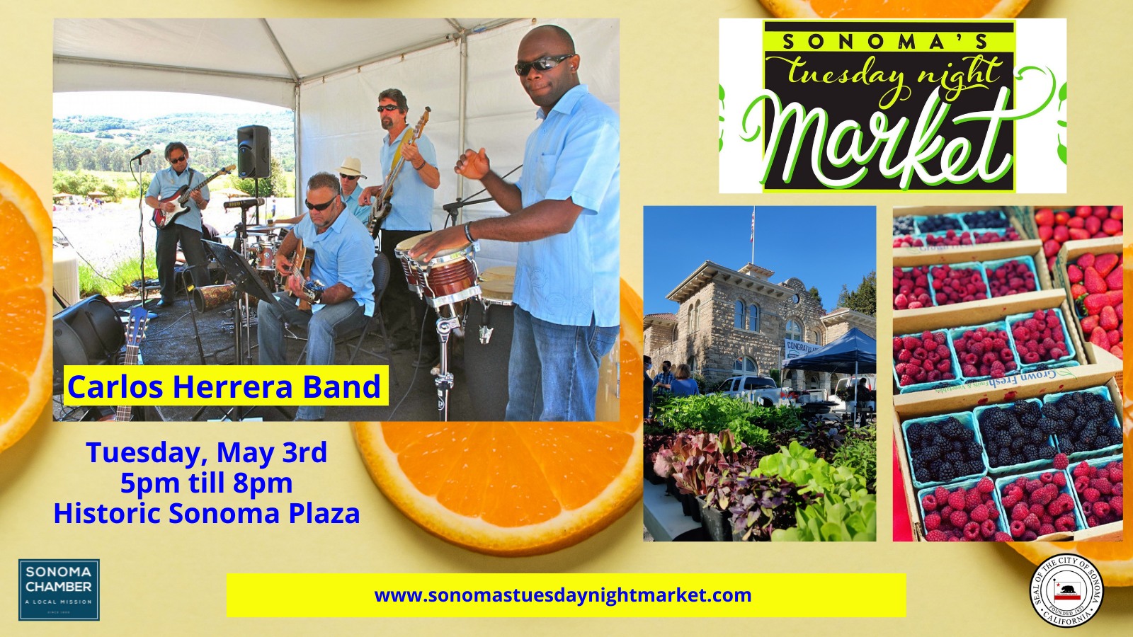 Selectin of images including a band playing music, lettuces for sale with Sonoma City Hall in the background, berries and the Tuesday Night Market logo.