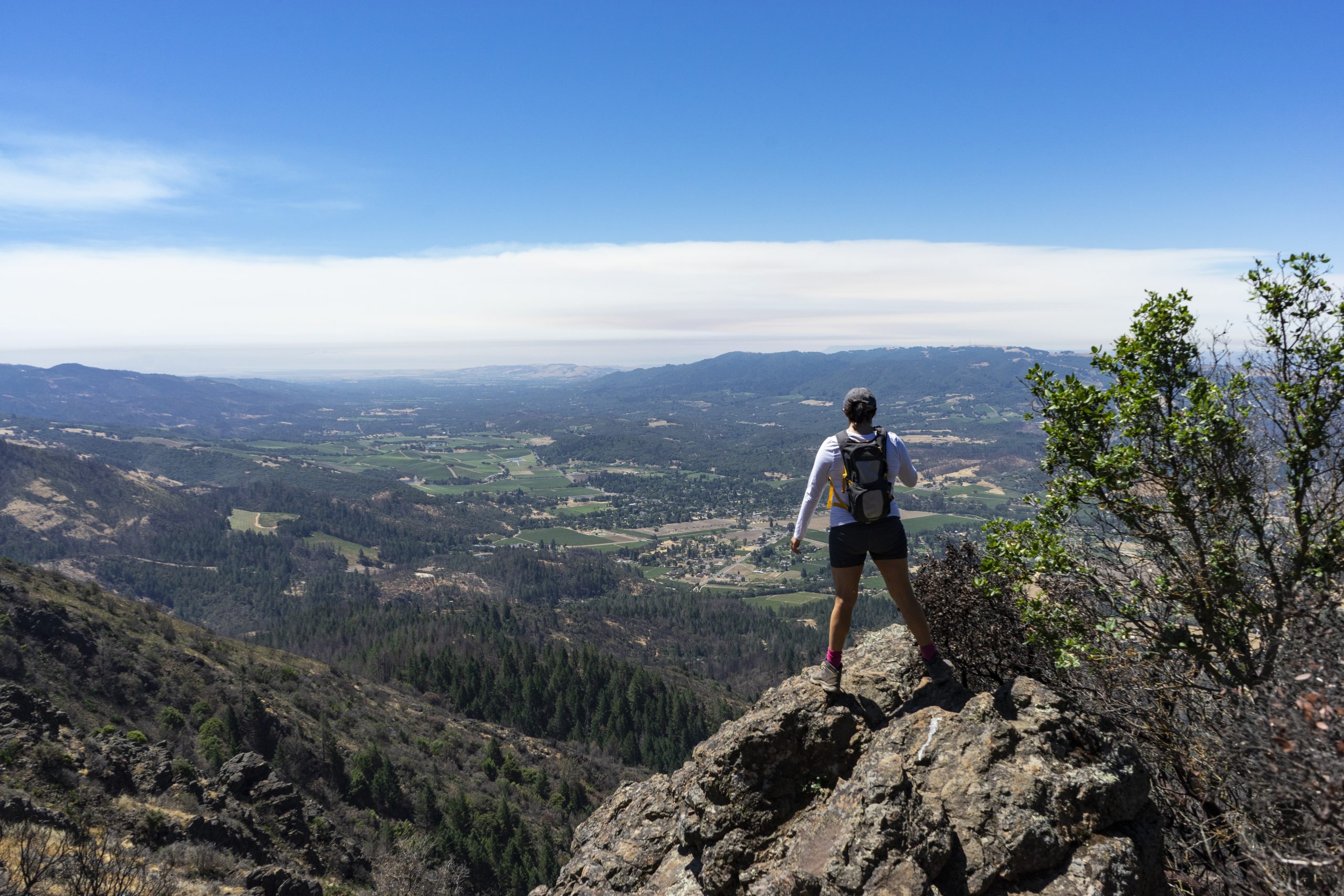 Hiker on mountain top overlooking a view of Sonoma Valley