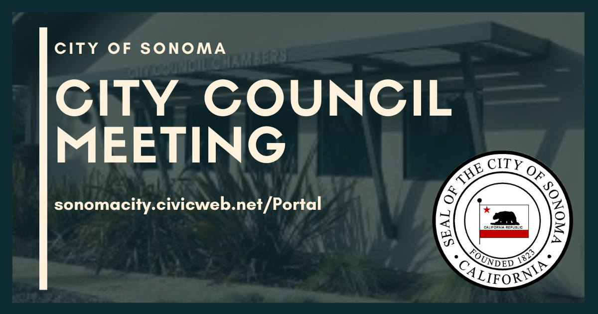 Graphic that says "City Council Meeting" with image of Council Chambers in the Background