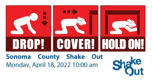 Earthquake Drill graphic showing Drop! Cover! Hold On!