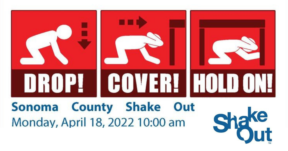 Earthquake Drill graphic showing Drop! Cover! Hold On!