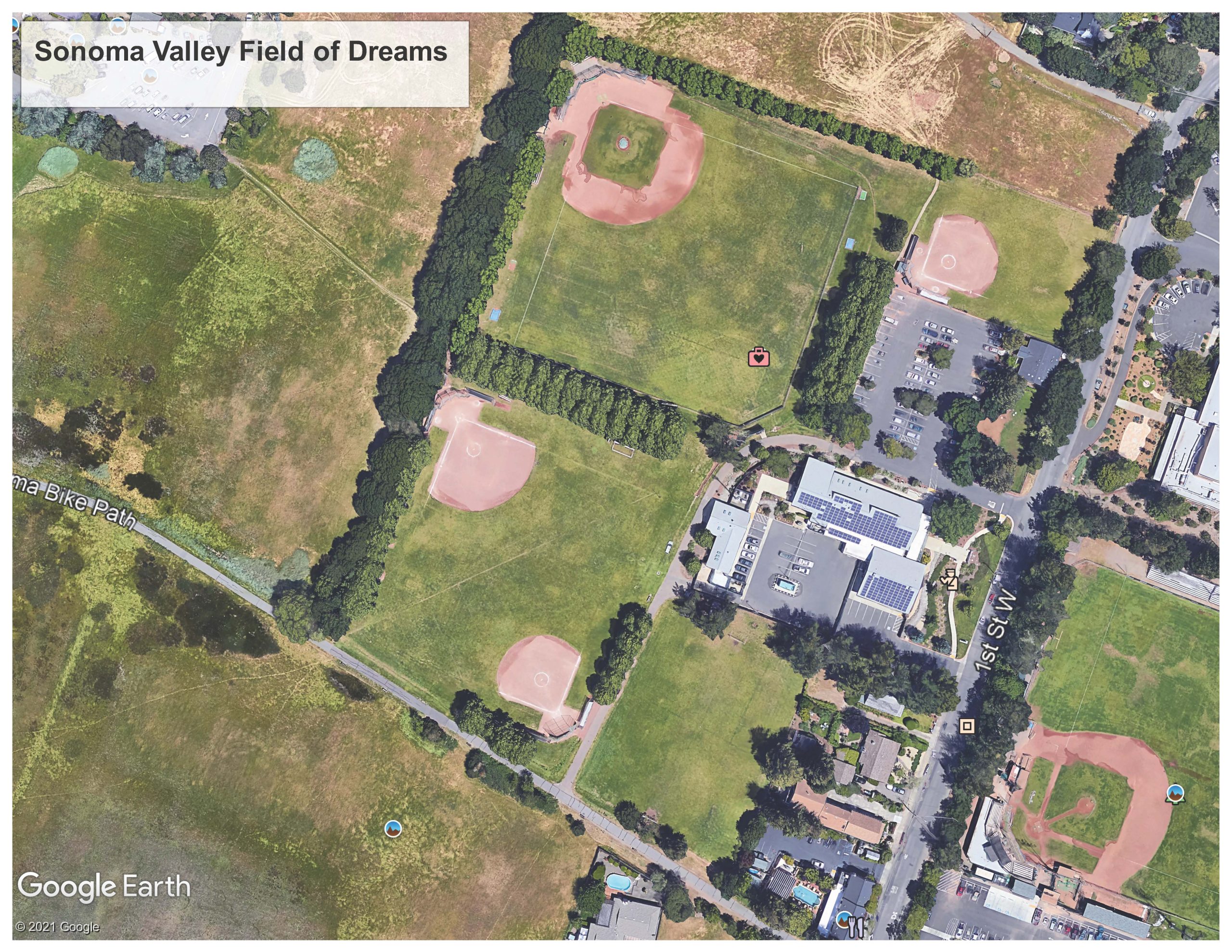 Overhead view of softball and soccer fields.