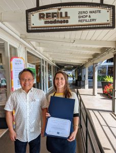 Mayor Jack Ding with Owner of Refill Madness Jana Wang outside of her store.