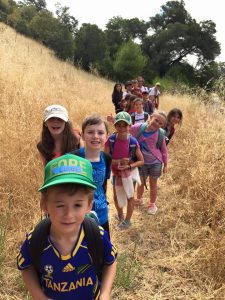 Group of kids hiking on a trail.