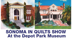 Two quilts with images of notable buildings in Sonoma.