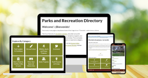 Images of a computer monitor, laptop, tablet and mobile phone displaying the Parks and Recreation Directory