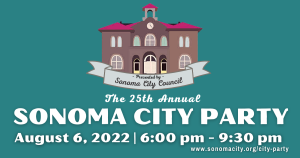 Graphic illustration of a historic building with bold white text promoting the Sonoma City Party.