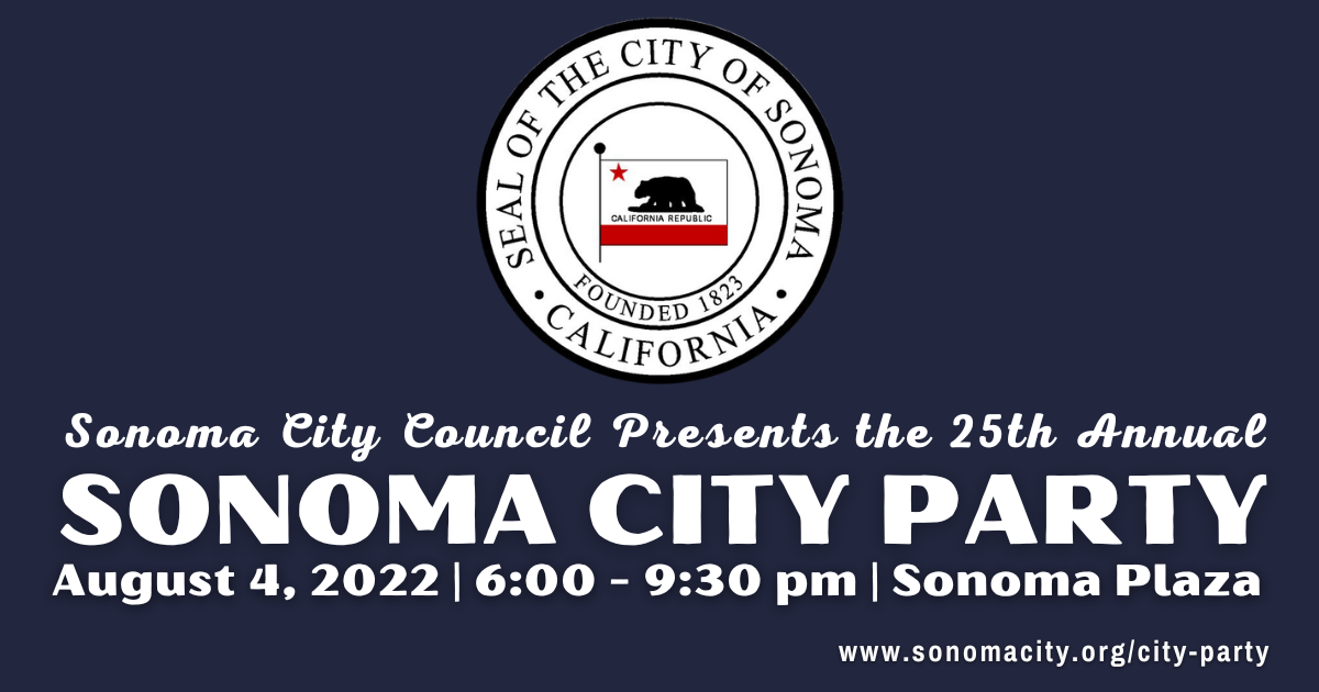 Graphic with dark blue background and Sonoma City Seal with the Bear Flag