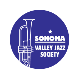 Blue circle with outline of a trumpet,Logo for Sonoma Valley Jazz Society