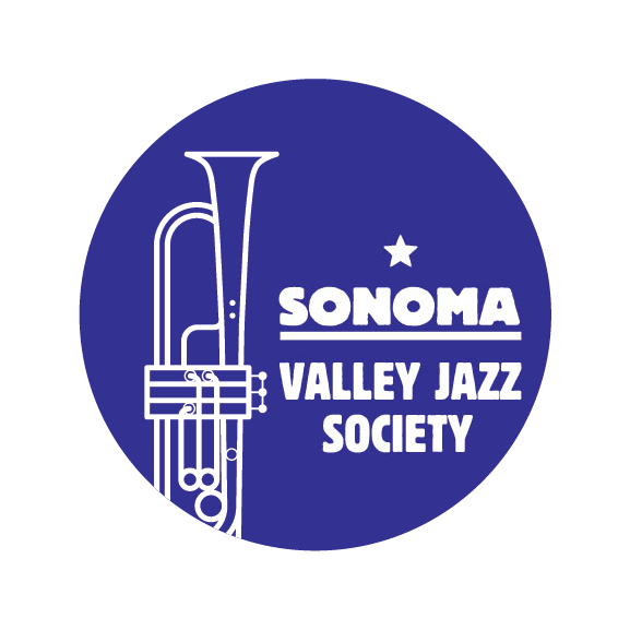 Blue circle with outline of a trumpet,Logo for Sonoma Valley Jazz Society