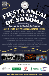 Poster advertising the 25th Annual Sonoma City Party in Spanish.