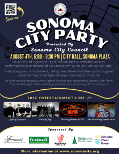 8 x 10 inch poster advertising the 2022 Sonoma City Party in English.