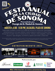 8 x 10 inch poster advertising the 2022 Sonoma City Party in Spanish.