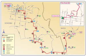 Map of Napa and Sonoma with route of foot races.