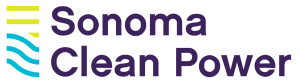 Graphic with straight yellow lines and blue curved lines with purple text that says 'Sonoma Clean Power'