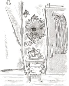 A black and white illustration of a bathroom vanity where you can see the reflection of a woman taking a picture.