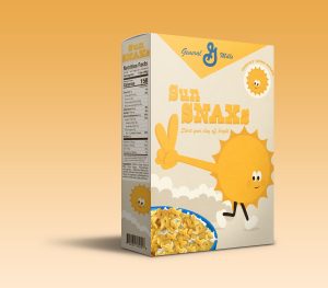 A mockup of a cereal box with an illustration of a sun with feet and art outstretched making the peace sign.