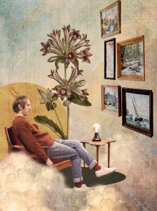 Artwork of man sitting in a chair among clouds with illustration of a plant behind him while he stares at four framed pieces of art.