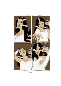 Illustrations of a woman with long dark hair taking selfies with a phone camera in a mirror.