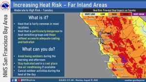Map of the Bay Area in shades of yellow, orange and red that indicate risk of excessive heat.