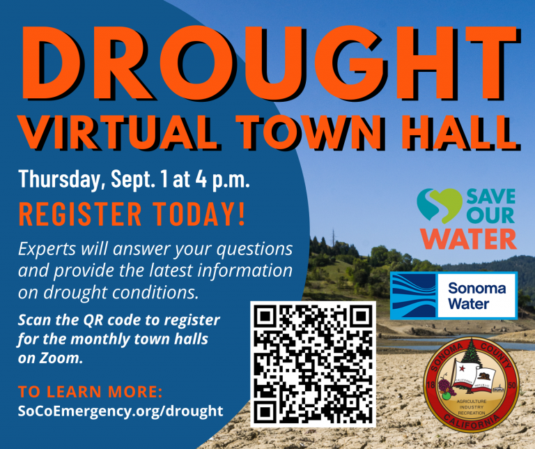 Photo of a reservoir with very little water with text announcing a drought town hall.