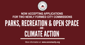 Maroon background with white text promoting new City commissions.