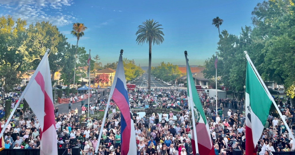 Four flags with a view of a crowd in a park, palm tree and road in the background.