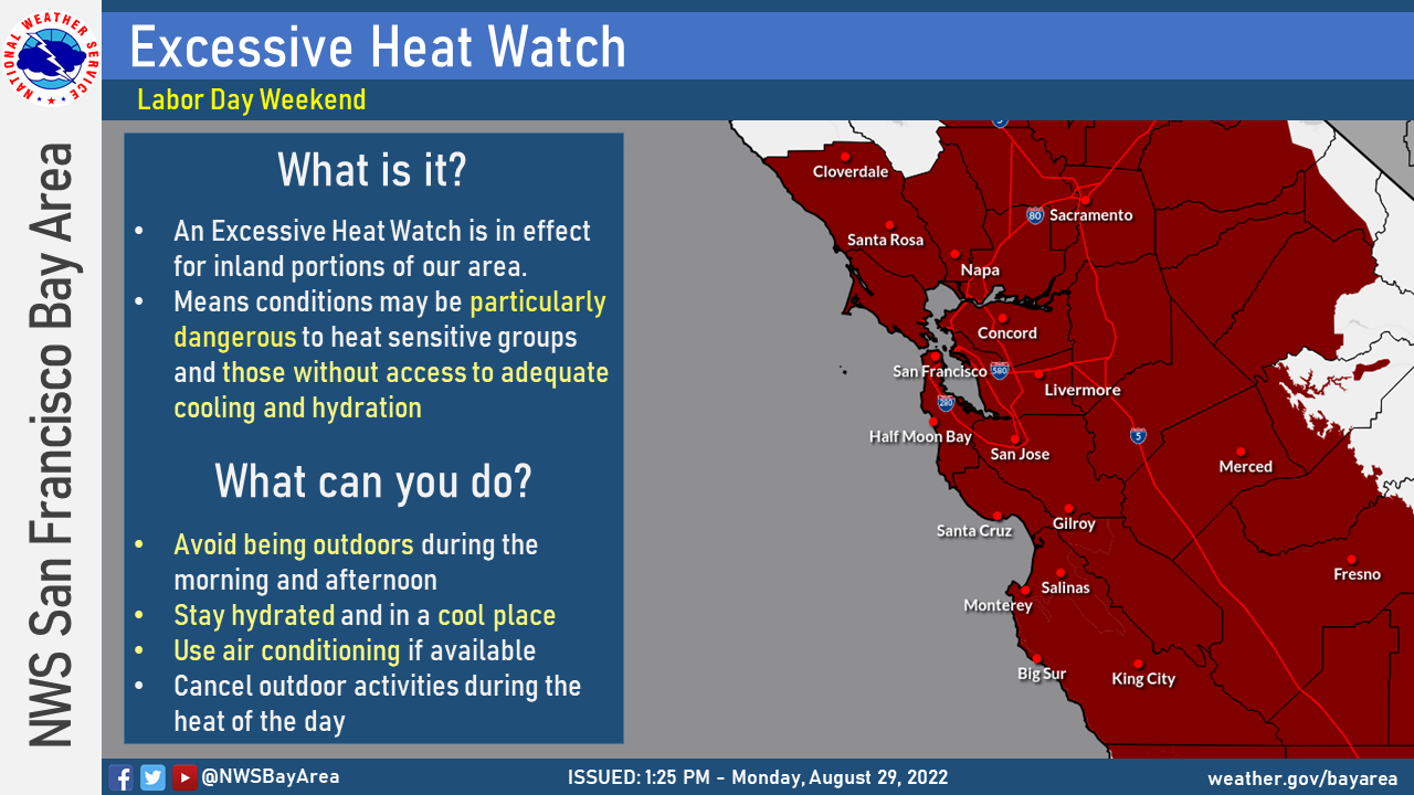 Map of the Bay Area colored in maroon indicating areas to be impacted by a heat wave.