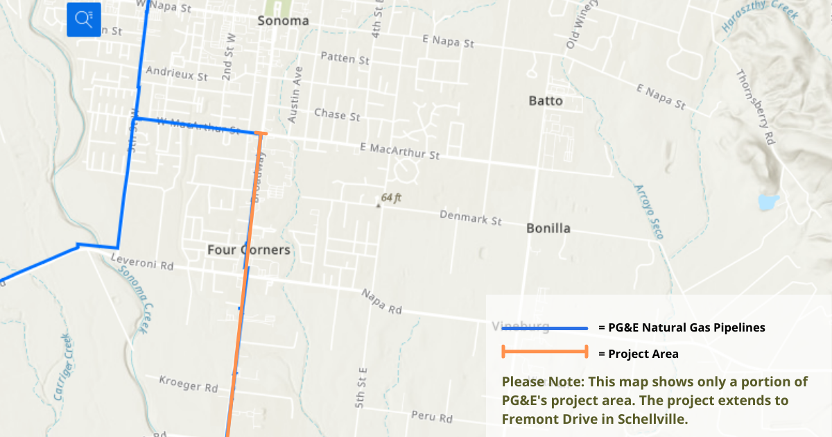 Street map with blue lines indicating existing PG&E natural gas pipelines and an orange line indicating where the pipeline replacement project is.