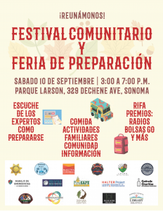 Flyer promoting community festival in Spanish with faded fall leaves behind Dark Redish/Orange and brown text.