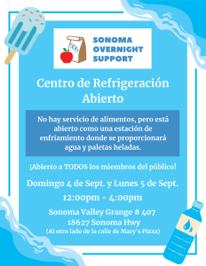 Blue flyer with white text in Spanish and graphics of popsicles and water