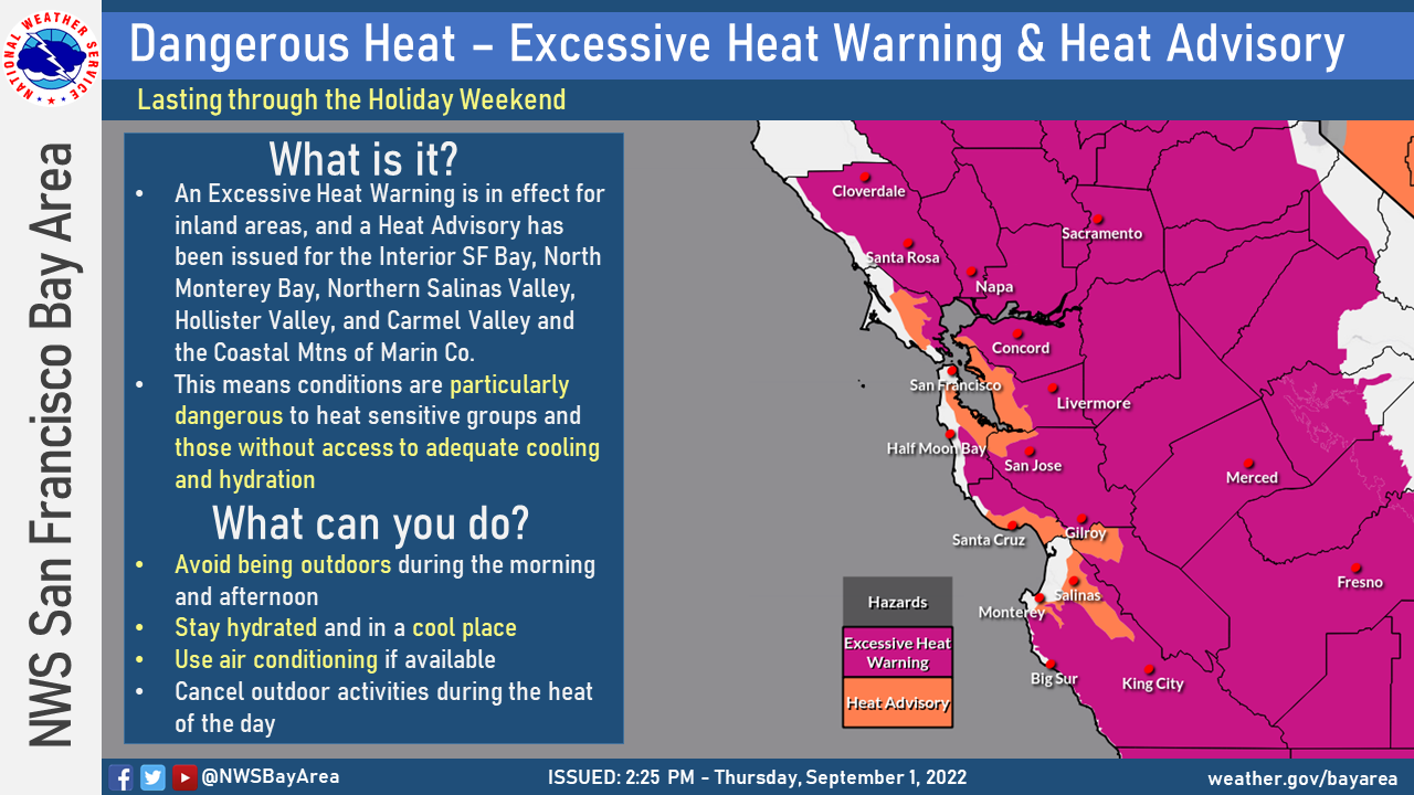 A map of the bay area with some areas in dark pink indicating an excessive heat warning and areas in orange indicating an excessive heat watch.