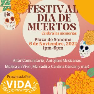 Dia de Muertos Festival graphic with images of skulls, marigolds and candles.