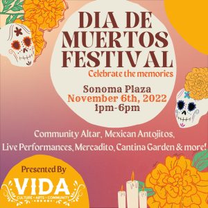 Dia de Muertos Festival graphic with images of skulls, marigolds and candles.