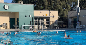 People playing water polo in a pool.