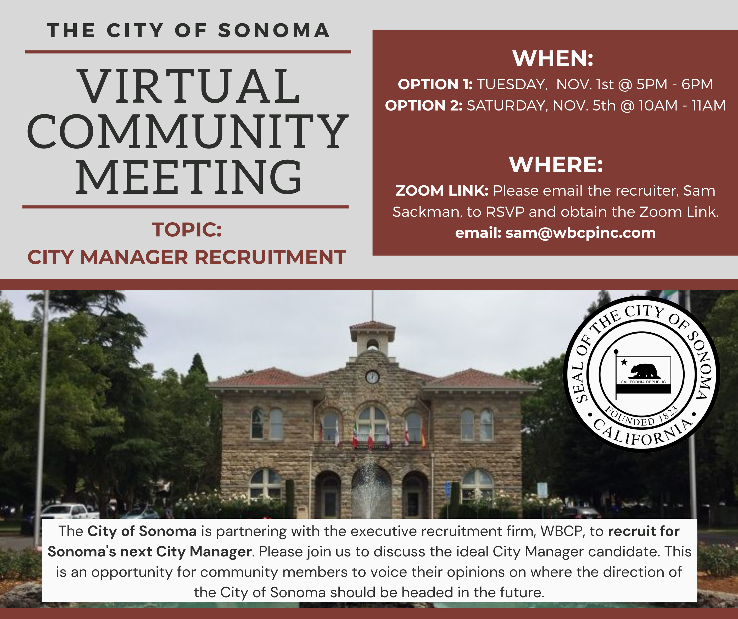 Graphic with text announcing virtual community meeting dates and times for the Sonoma City Manager recruitment.