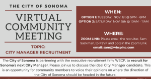 Graphic with text announcing virtual community meeting dates and times for the Sonoma City Manager recruitment.
