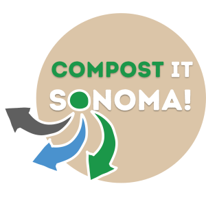 Tan colored circle with "compost it Sonoma!" written on top with the 'O' in Sonoma as a green circle with three arrows in green, blue and black radiating from it.