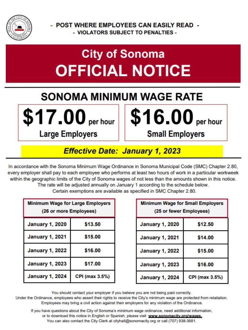 New Sonoma Minimum Wage Rates effective January 1, 2025 City of Sonoma