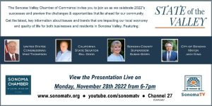 A graphic promoting a virtual event called "State of the Valley" with pictures of the elected officials scheduled to speak.