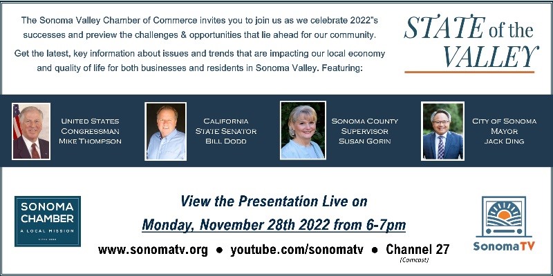 A graphic promoting a virtual event called "State of the Valley" with pictures of the elected officials scheduled to speak.