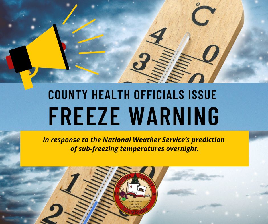 A pictures of a thermometer and clouds with a message about a Freeze Warning.