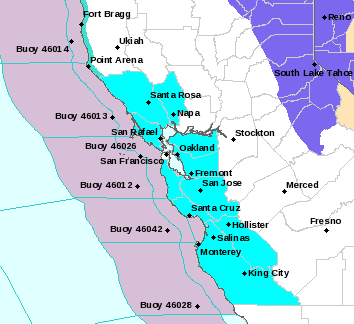 map of the California bay area and central coast highlighted in a turquoise color to indicate what areas are under a freeze watch.