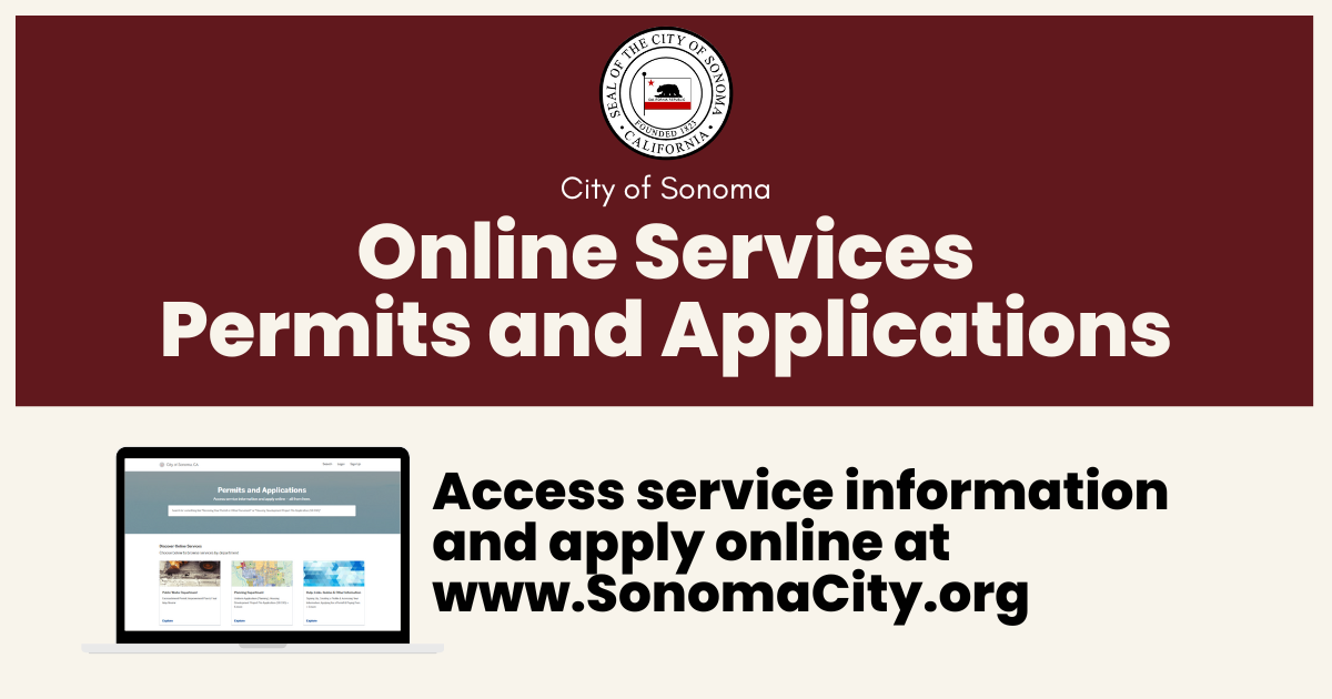 Burgundy and khaki graphic with screen shot of a website that allows the public to submit permits and applications online.