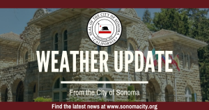 photo of a stone building with a logo and the phrase "weather update"