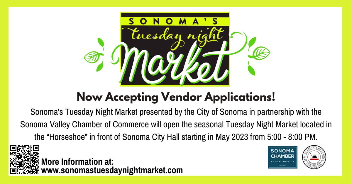 Graphic with logo for Tuesday Night Market promoting vendor application period.