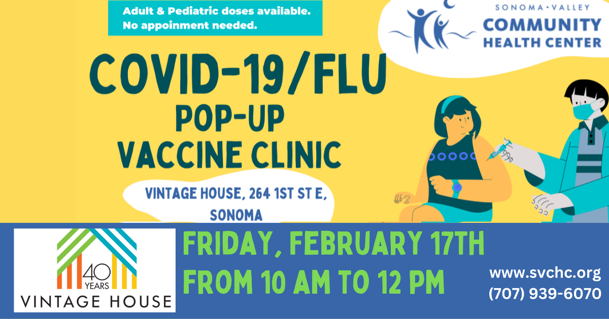 brightly colored graphic annoucing a pop up covid 19 and flu vaccine clinic.