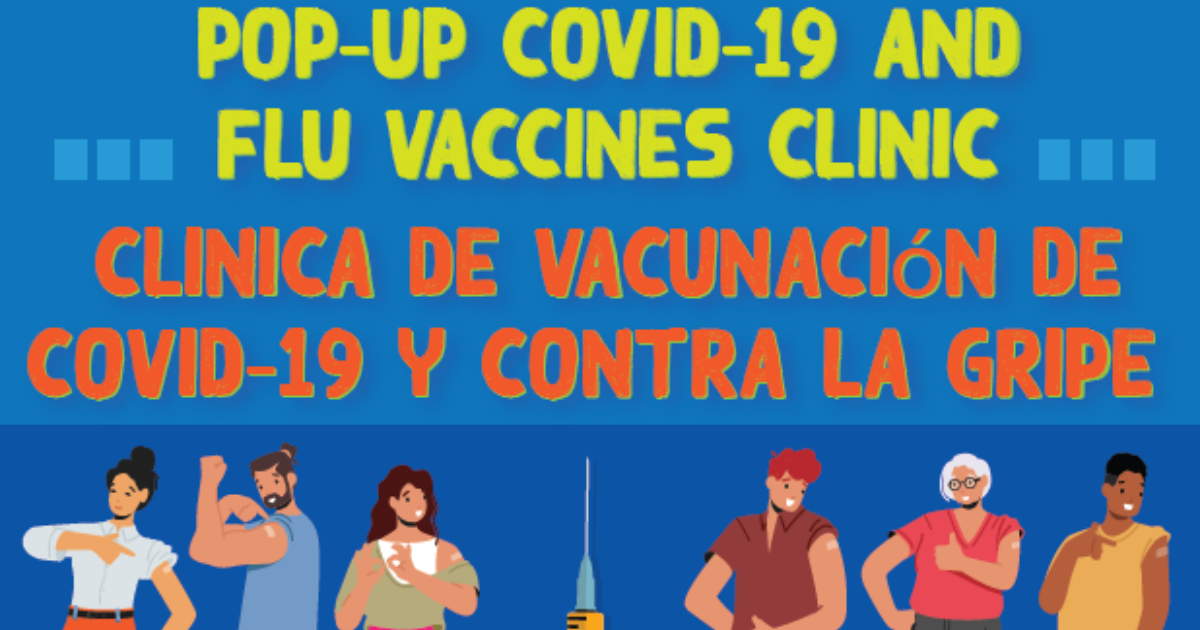 brightly colored graphic annoucing a pop up covid 19 and flu vaccine clinic.