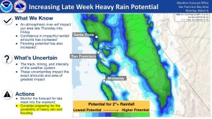 Map of the San Francisco Bay Area that shows incoming storm impacts.