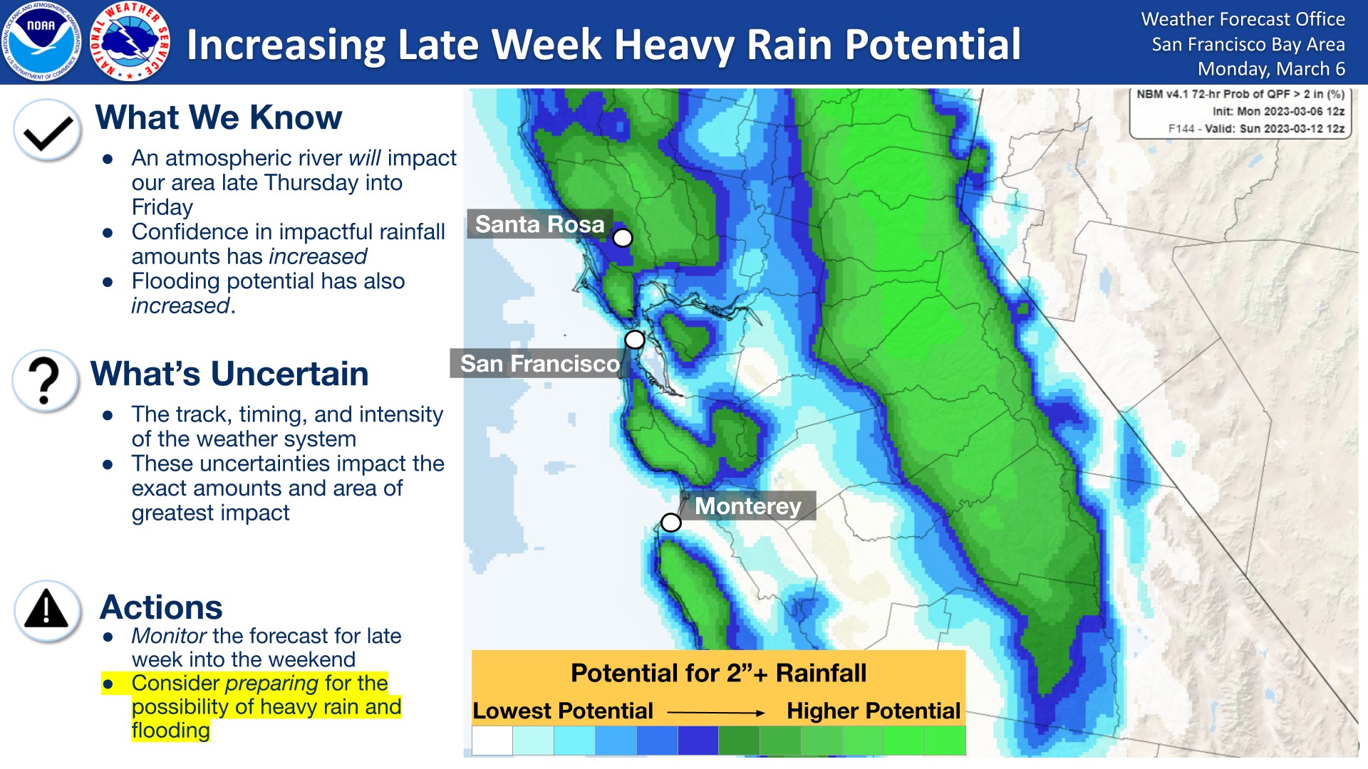 Map of the San Francisco Bay Area that shows incoming storm impacts.